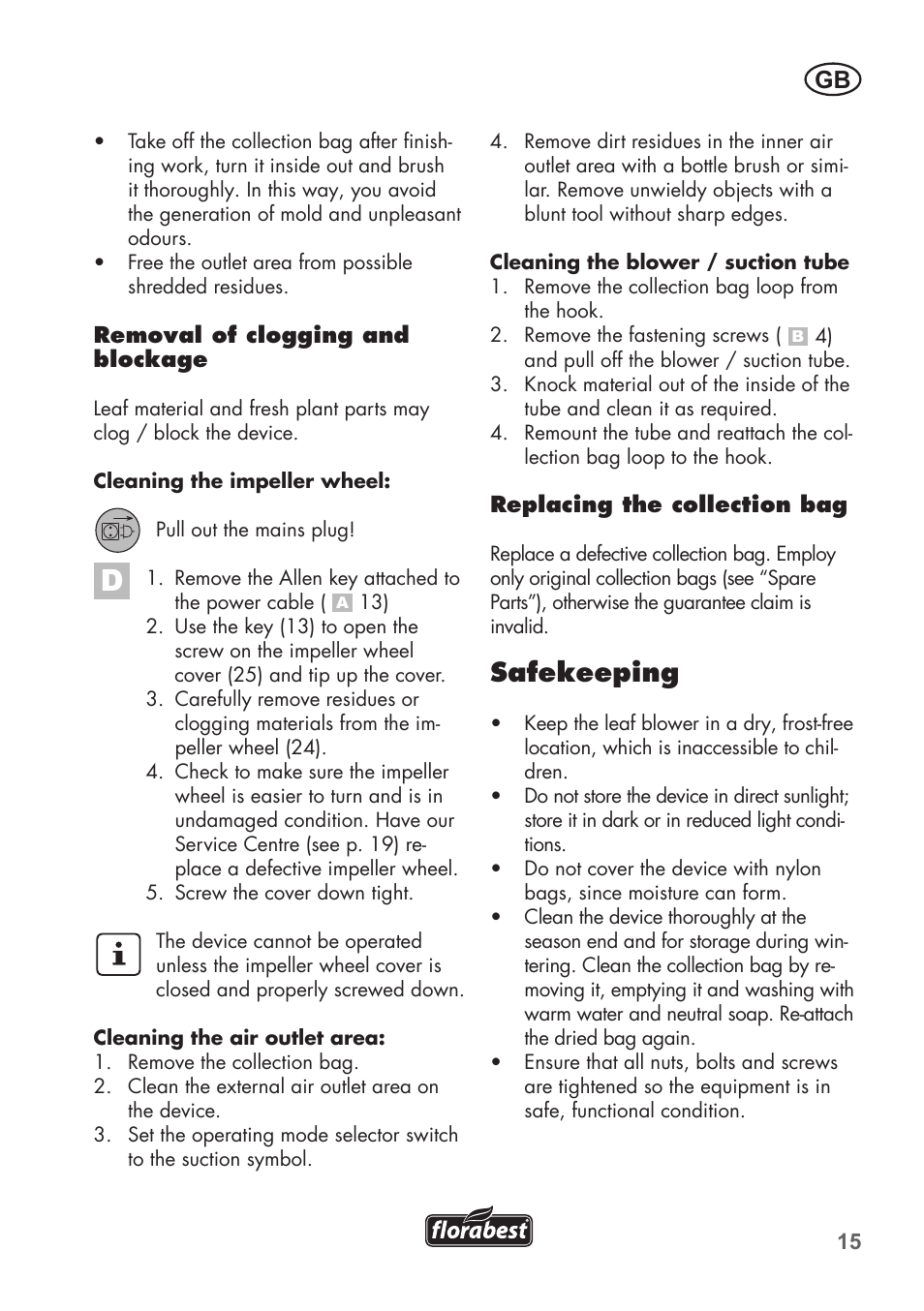 Safekeeping | Florabest FLB 2500 A2 User Manual | Page 15 / 114