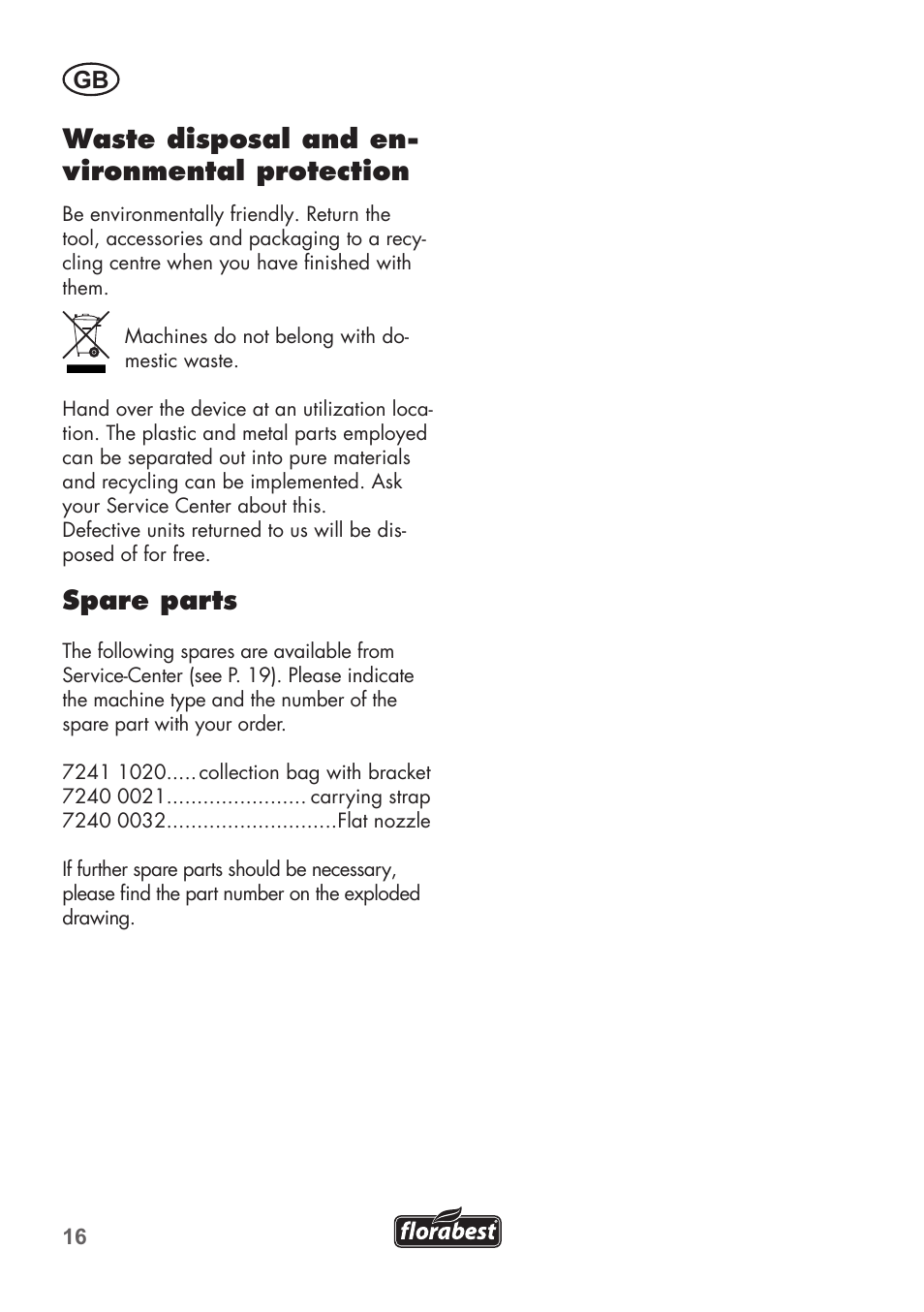 Waste disposal and en- vironmental protection, Spare parts | Florabest FLB 2500 A2 User Manual | Page 16 / 114