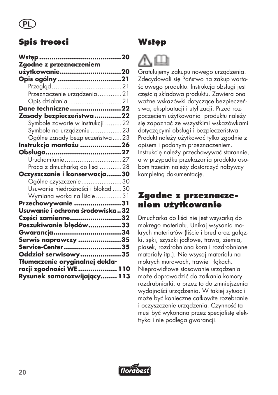 Wstęp, Zgodne z przeznacze- niem użytkowanie, Spis treœci | Florabest FLB 2500 A2 User Manual | Page 20 / 114