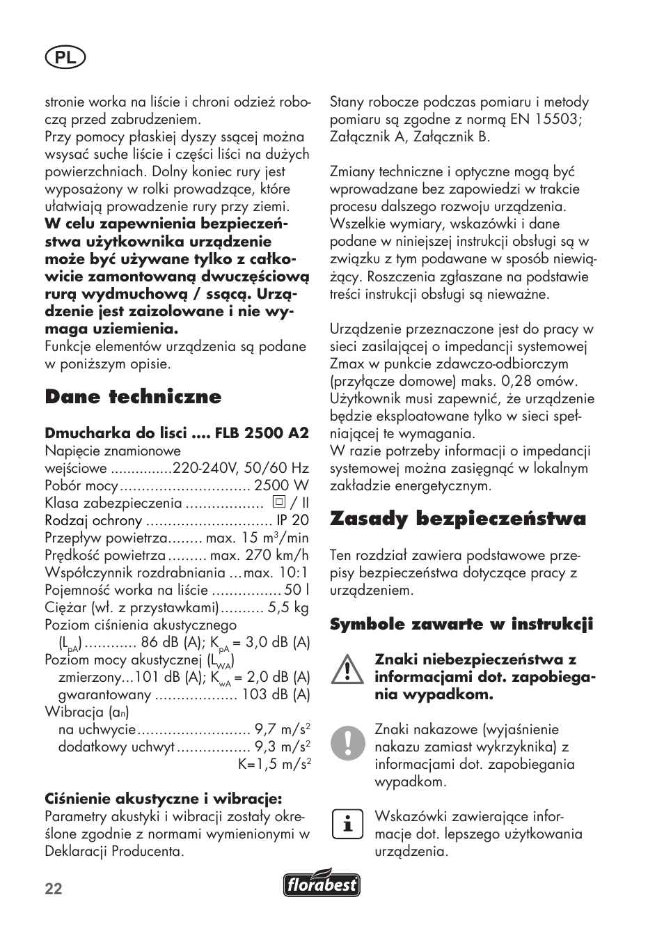 Dane techniczne, Zasady bezpieczeństwa | Florabest FLB 2500 A2 User Manual | Page 22 / 114