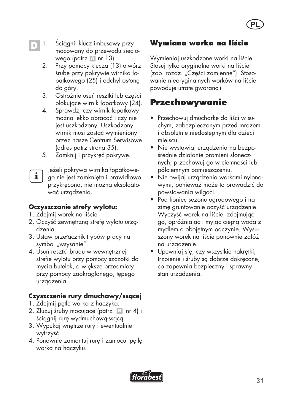 Przechowywanie | Florabest FLB 2500 A2 User Manual | Page 31 / 114