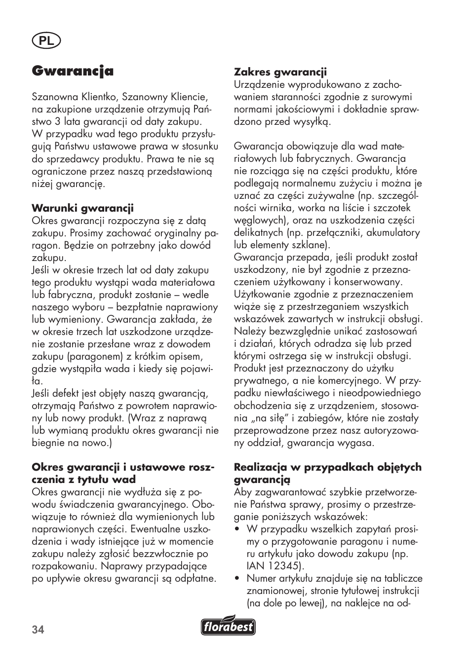 Gwarancja | Florabest FLB 2500 A2 User Manual | Page 34 / 114