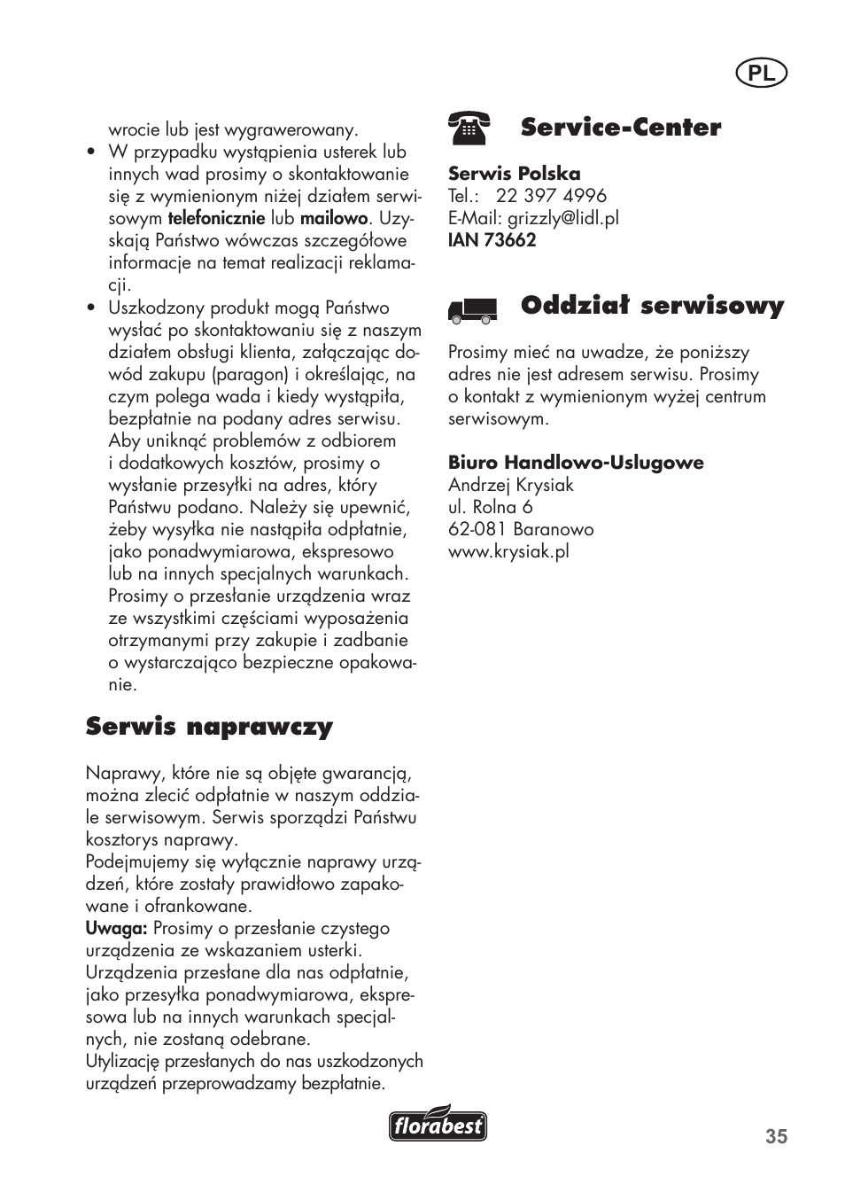 Serwis naprawczy, Service-center, Oddział serwisowy | Florabest FLB 2500 A2 User Manual | Page 35 / 114