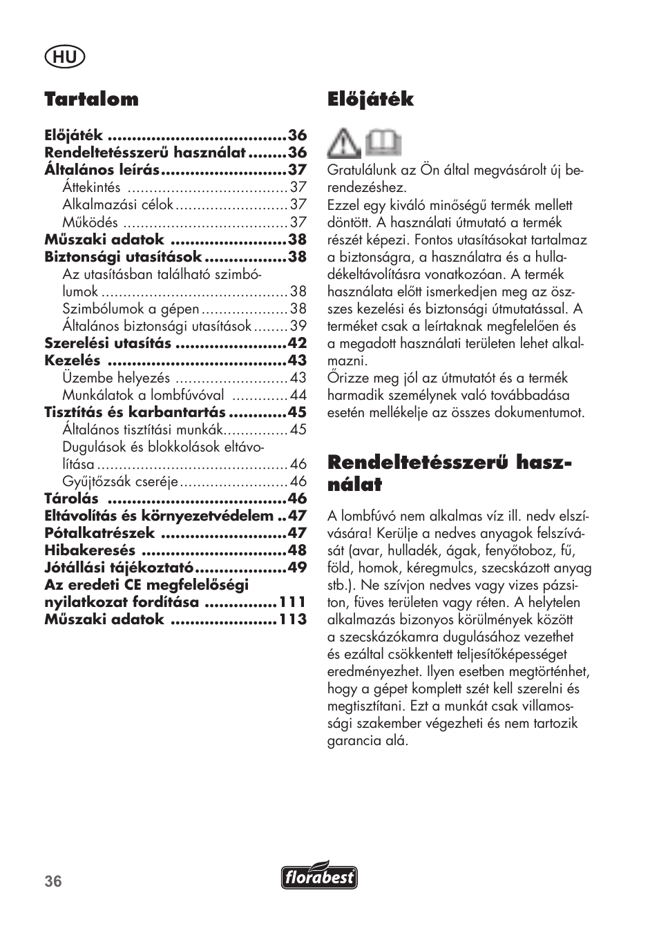 Előjáték, Rendeltetésszerű hasz- nálat, Tartalom | Florabest FLB 2500 A2 User Manual | Page 36 / 114