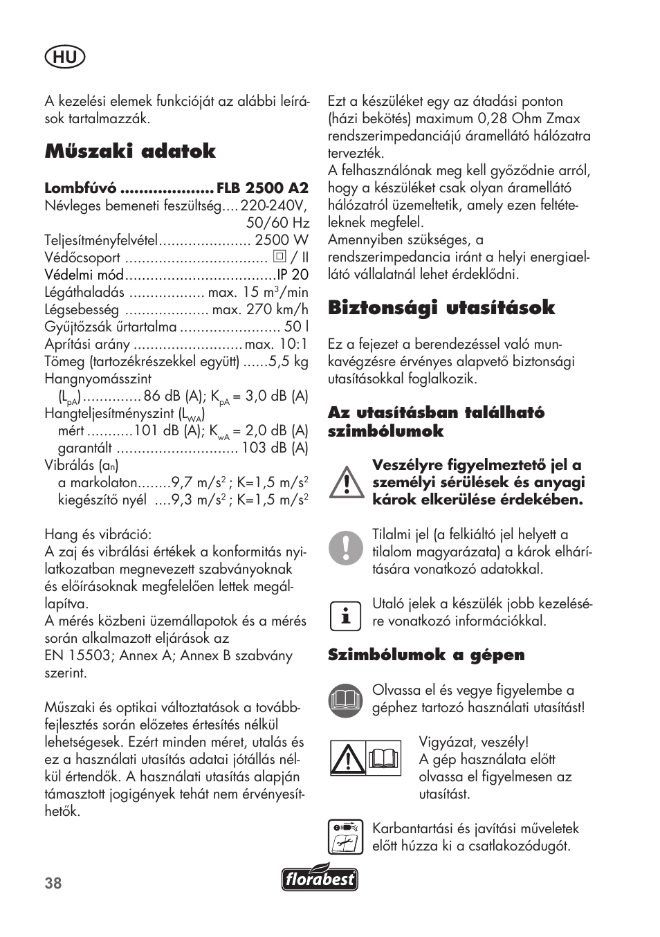 Műszaki adatok, Biztonsági utasítások | Florabest FLB 2500 A2 User Manual | Page 38 / 114