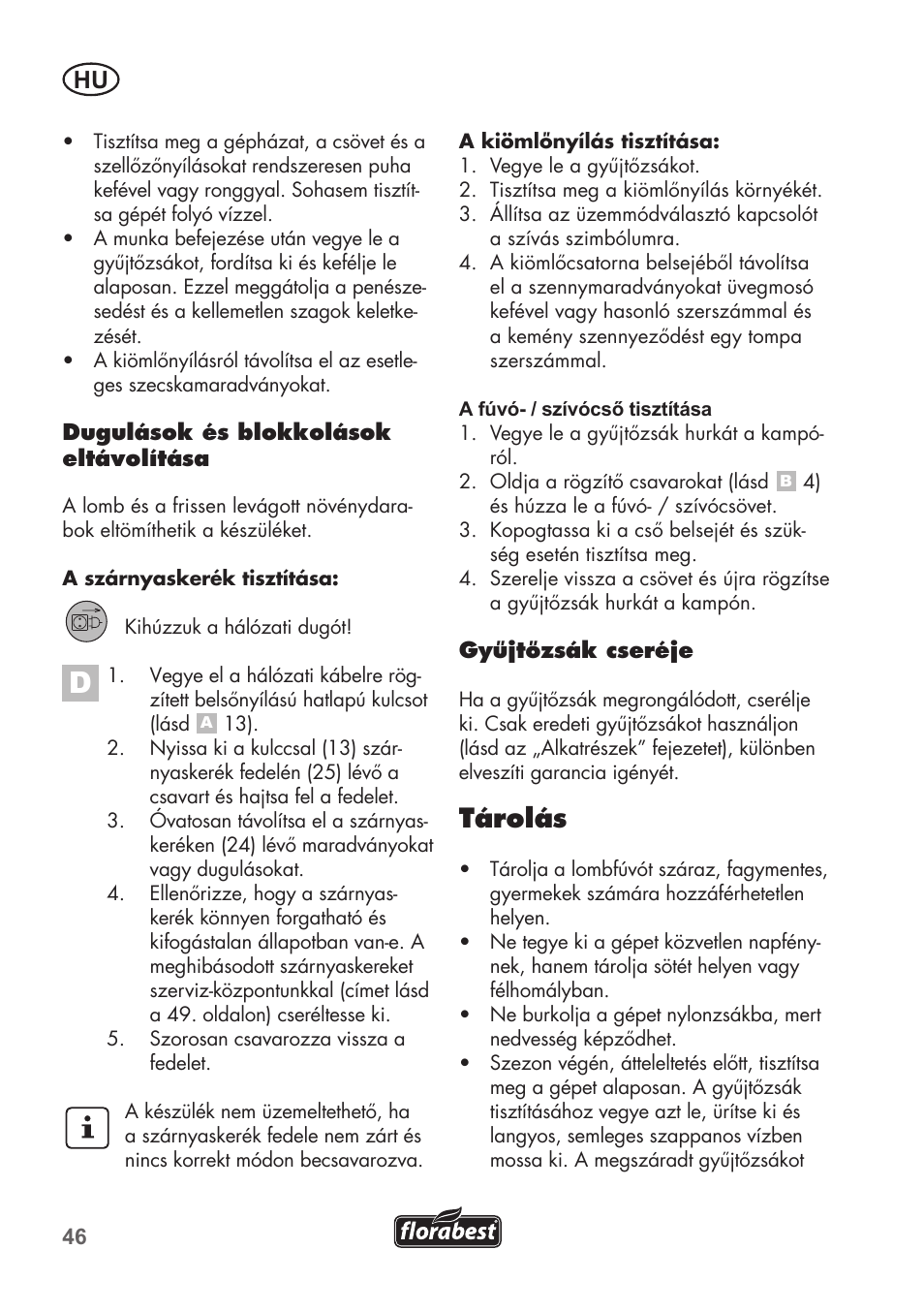 Tárolás | Florabest FLB 2500 A2 User Manual | Page 46 / 114