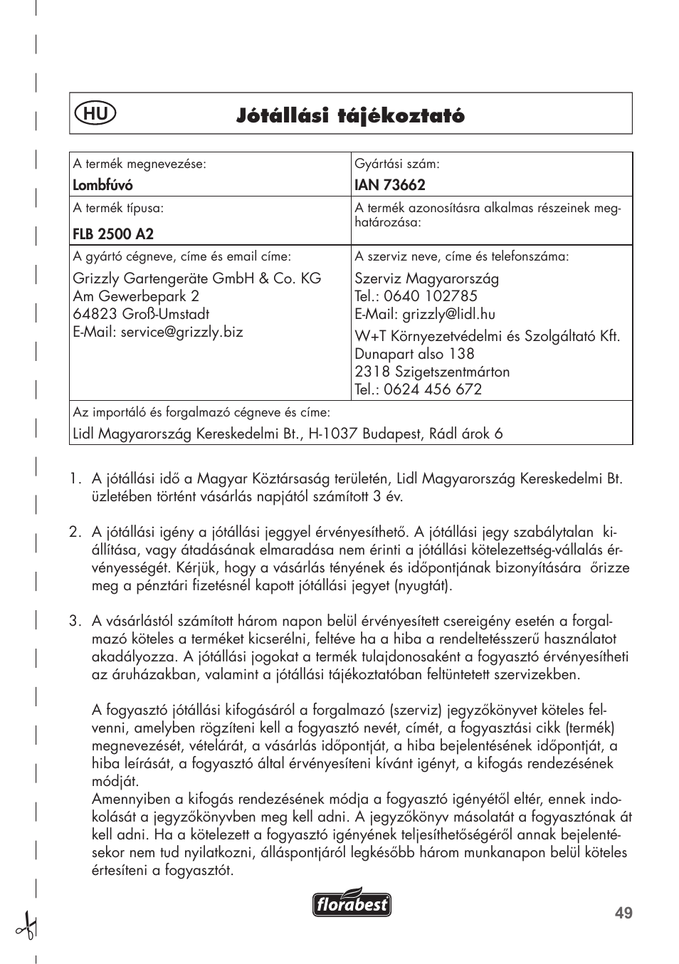 Jótállási tájékoztató | Florabest FLB 2500 A2 User Manual | Page 49 / 114