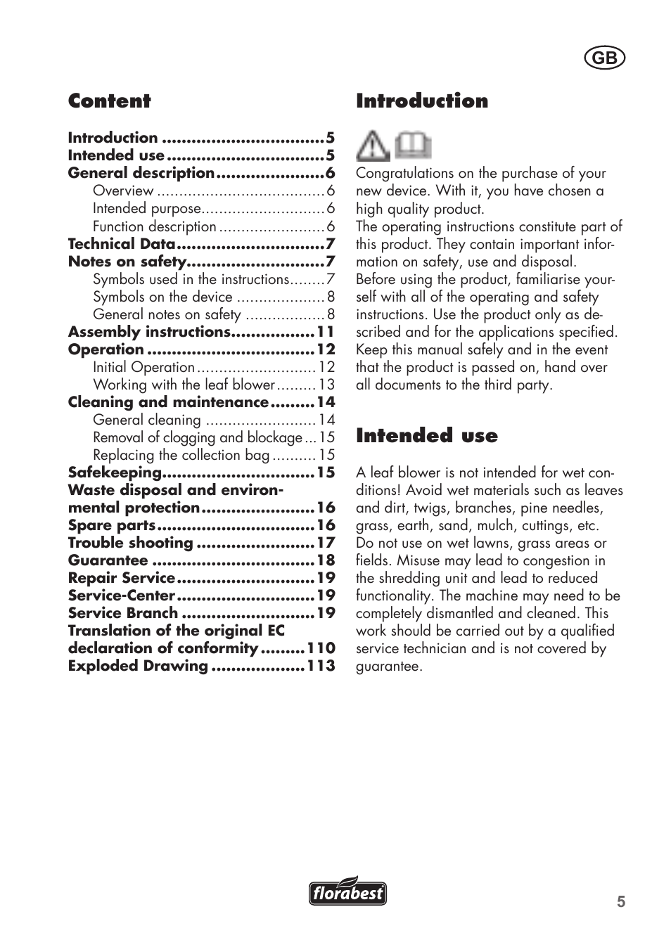Introduction, Intended use, Content | Florabest FLB 2500 A2 User Manual | Page 5 / 114
