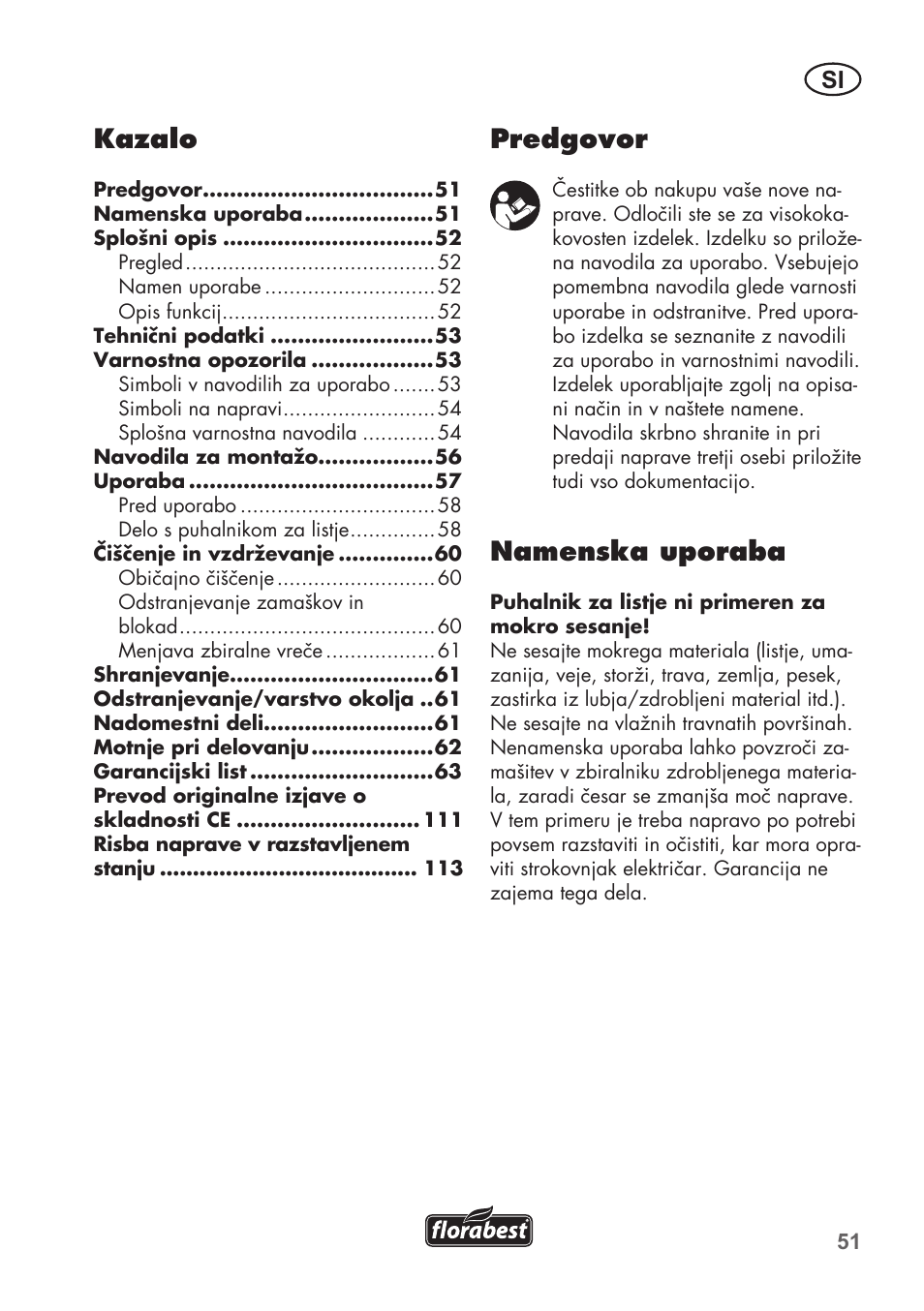 Predgovor, Namenska uporaba, Kazalo | Florabest FLB 2500 A2 User Manual | Page 51 / 114