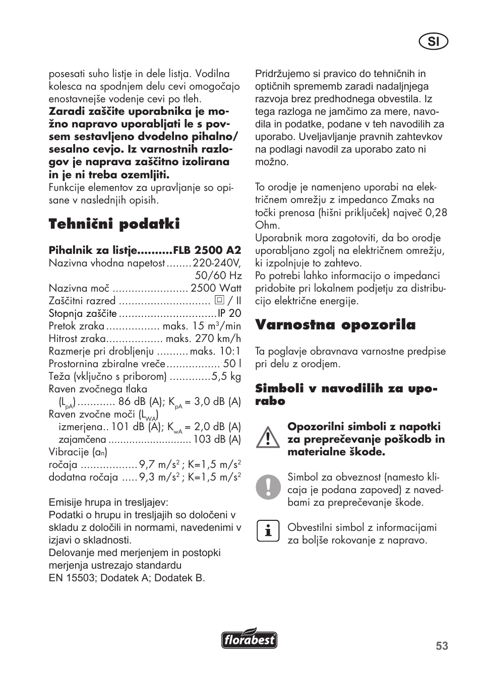 Tehnični podatki, Varnostna opozorila | Florabest FLB 2500 A2 User Manual | Page 53 / 114