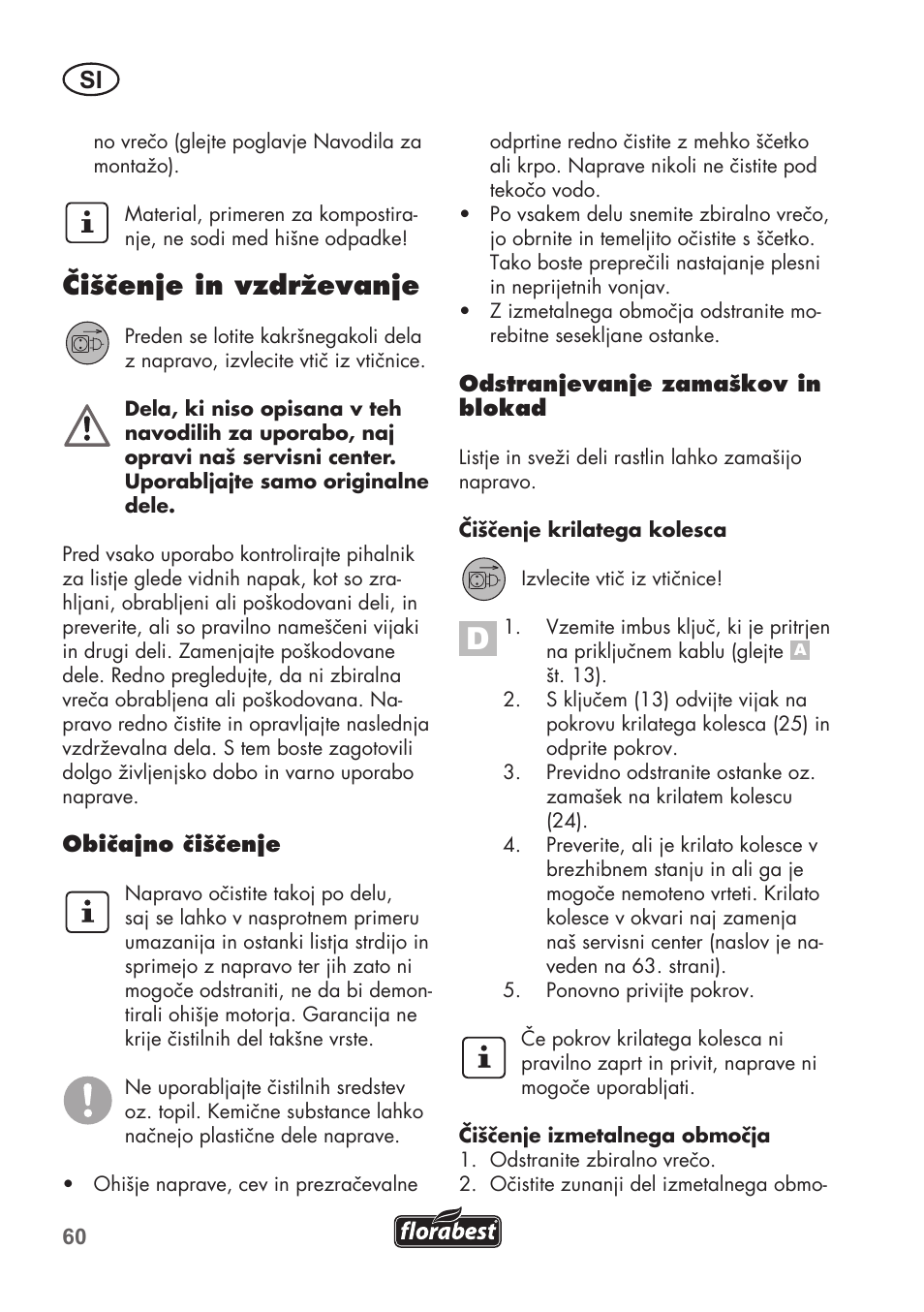 Čiščenje in vzdrževanje | Florabest FLB 2500 A2 User Manual | Page 60 / 114