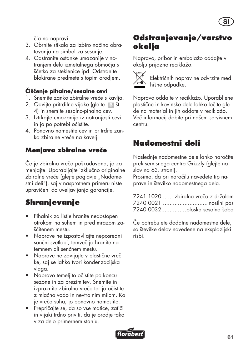 Shranjevanje, Odstranjevanje/varstvo okolja, Nadomestni deli | Florabest FLB 2500 A2 User Manual | Page 61 / 114