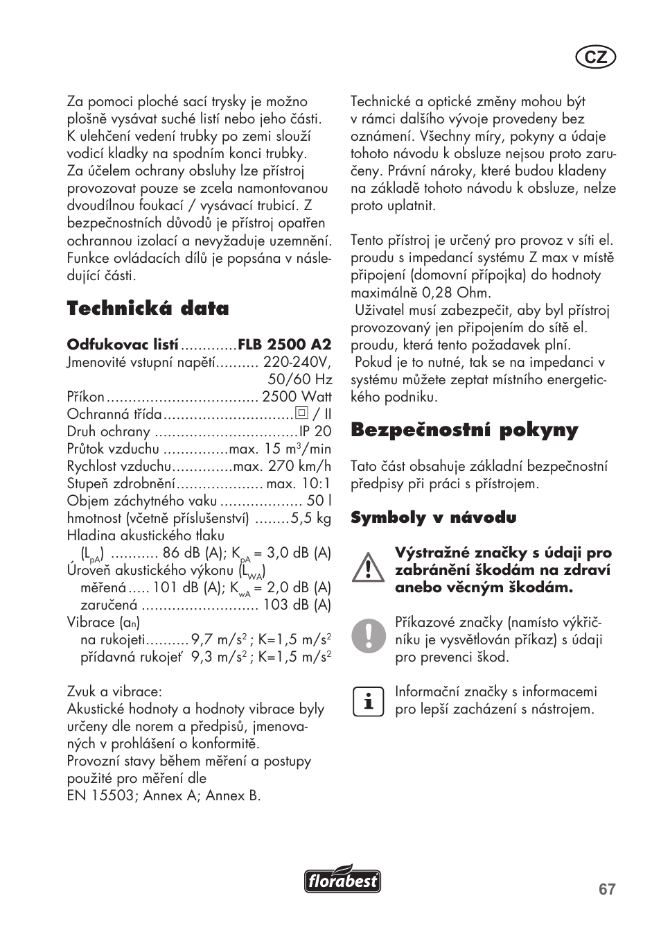 Technická data, Bezpečnostní pokyny | Florabest FLB 2500 A2 User Manual | Page 67 / 114