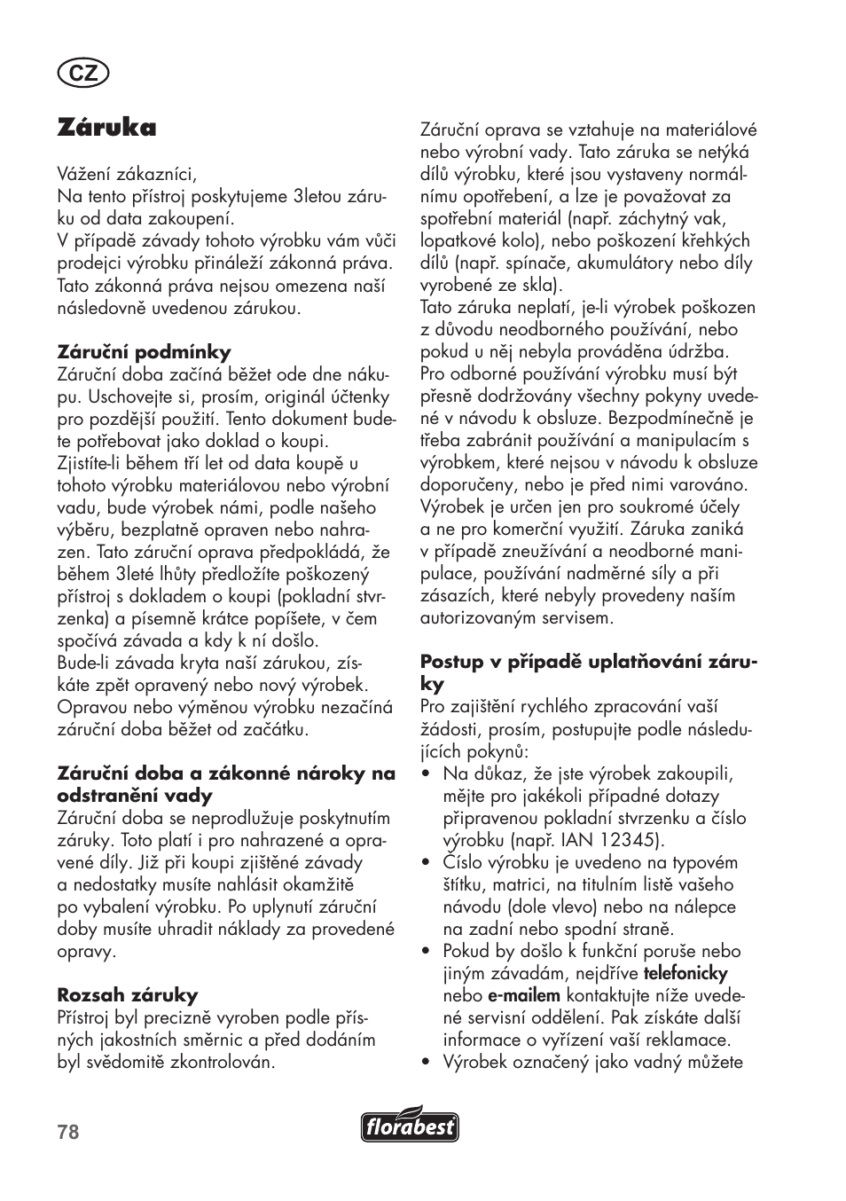 Záruka | Florabest FLB 2500 A2 User Manual | Page 78 / 114