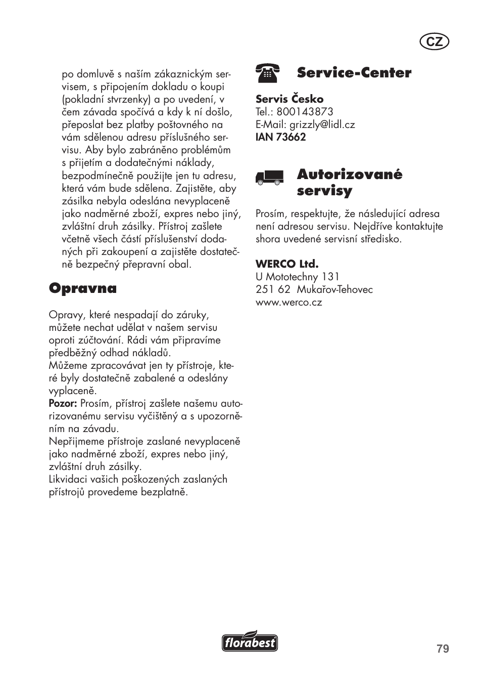 Opravna, Service-center, Autorizované servisy | Florabest FLB 2500 A2 User Manual | Page 79 / 114