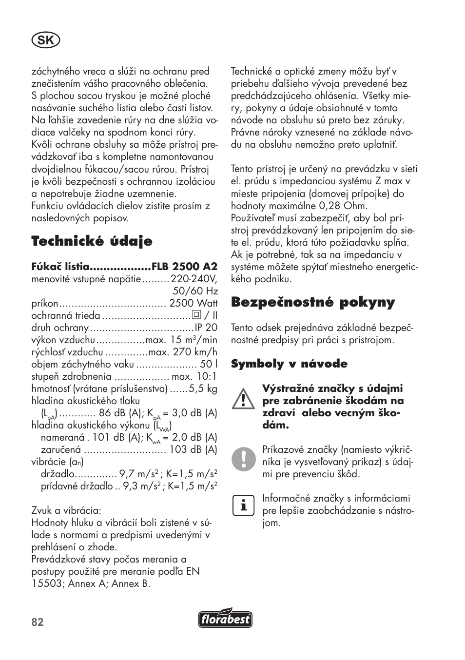 Technické údaje, Bezpečnostné pokyny | Florabest FLB 2500 A2 User Manual | Page 82 / 114