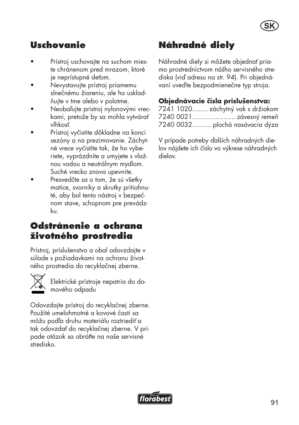Uschovanie, Odstránenie a ochrana životného prostredia, Náhradné diely | Florabest FLB 2500 A2 User Manual | Page 91 / 114