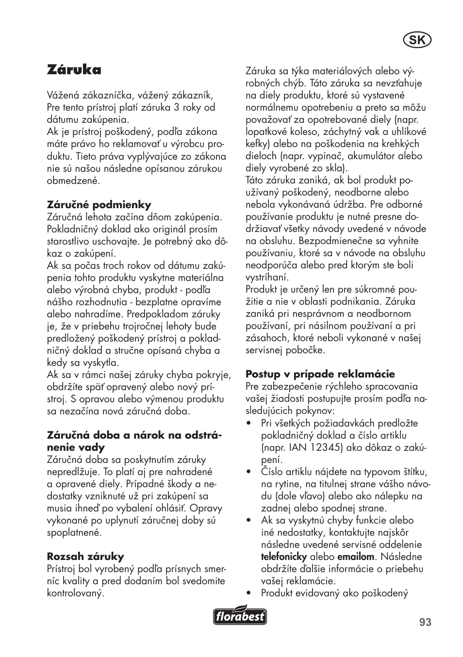 Záruka | Florabest FLB 2500 A2 User Manual | Page 93 / 114