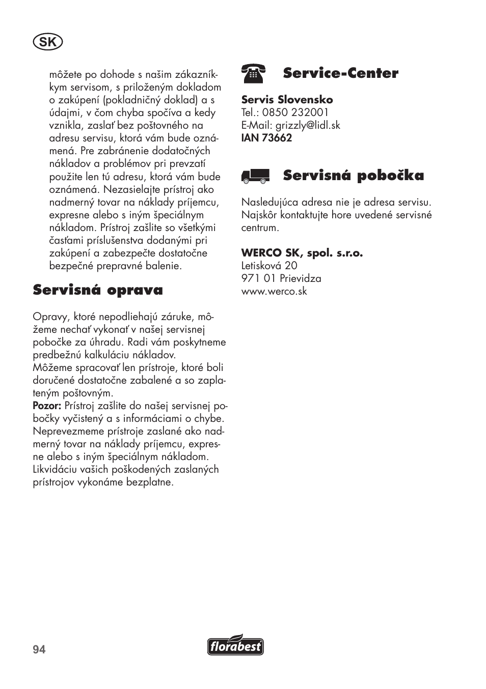 Servisná oprava, Service-center, Servisná pobočka | Florabest FLB 2500 A2 User Manual | Page 94 / 114