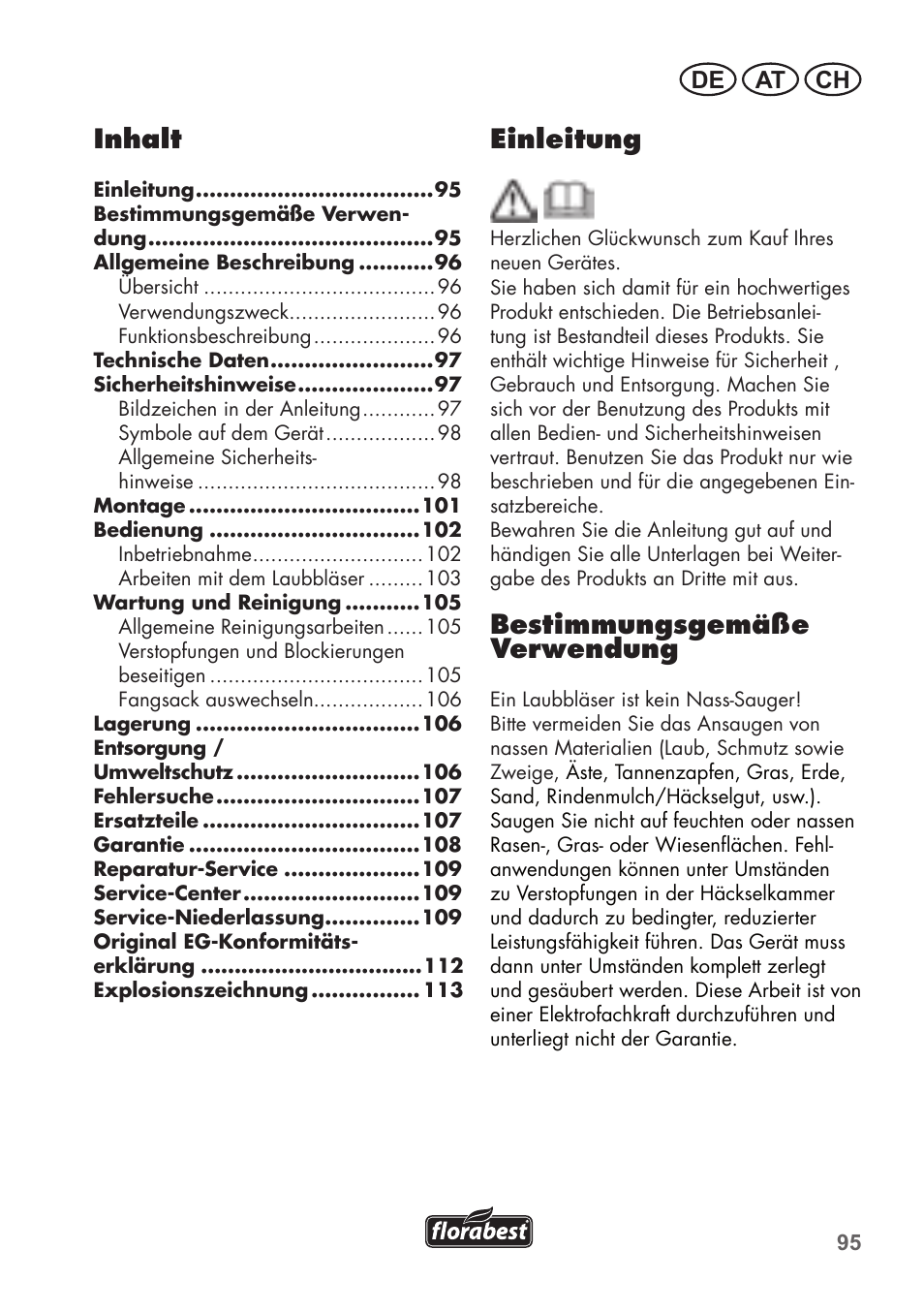 Einleitung, Bestimmungsgemäße verwendung, Inhalt | De at ch | Florabest FLB 2500 A2 User Manual | Page 95 / 114