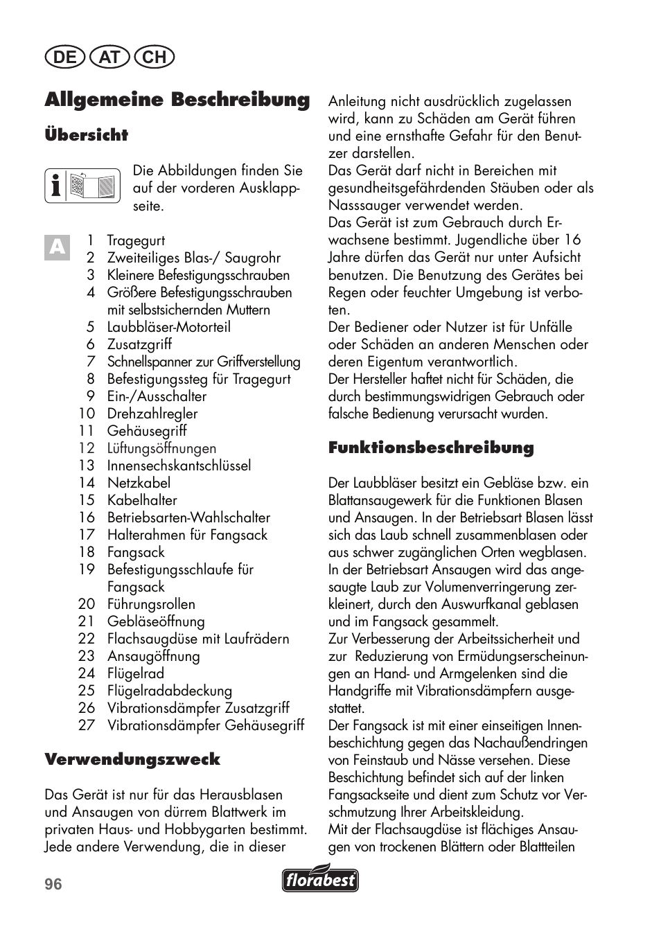 Allgemeine beschreibung, De at ch | Florabest FLB 2500 A2 User Manual | Page 96 / 114