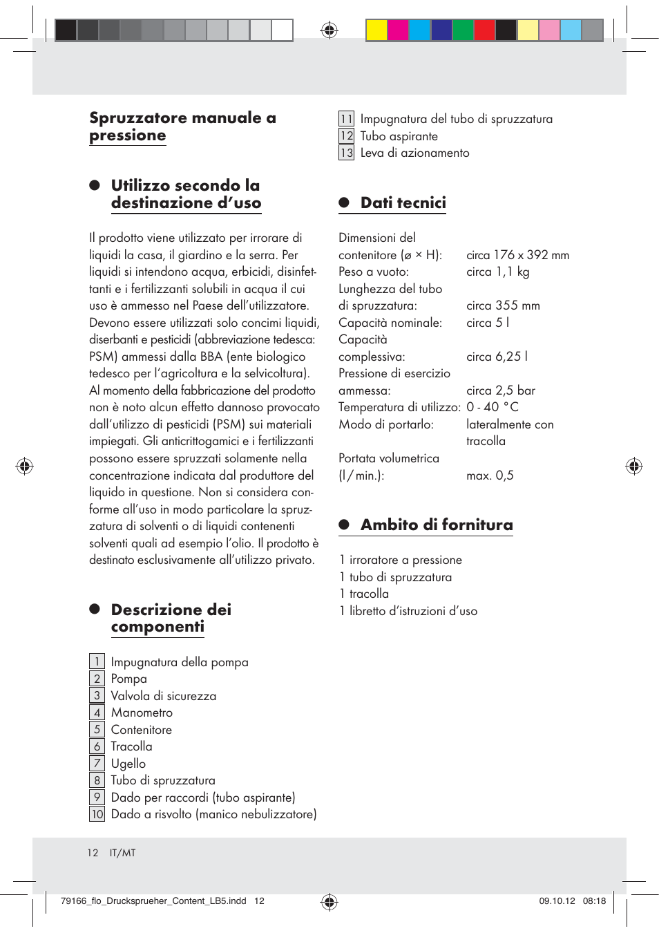Spruzzatore manuale a pressione, Utilizzo secondo la destinazione d’uso, Descrizione dei componenti | Dati tecnici, Ambito di fornitura | Florabest Z31339 User Manual | Page 12 / 35