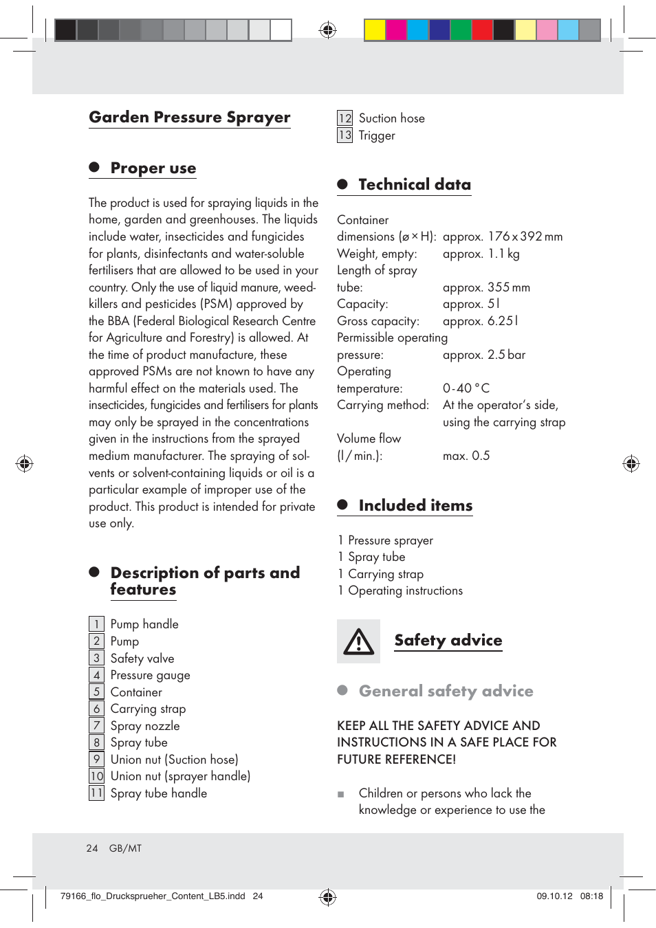 Garden pressure sprayer, Proper use, Description of parts and features | Technical data, Included items, Safety advice, General safety advice | Florabest Z31339 User Manual | Page 24 / 35