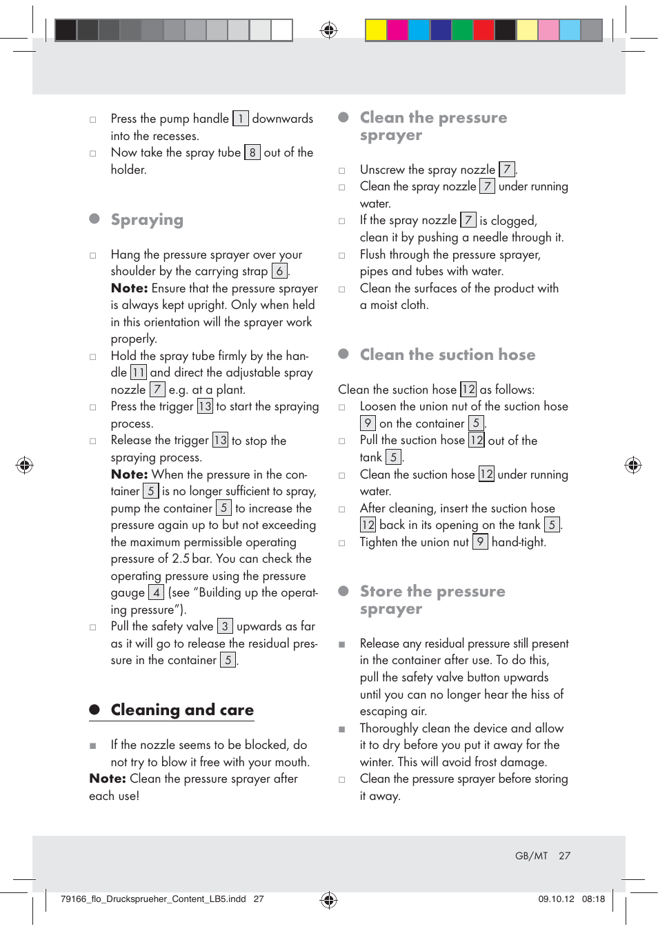 Spraying, Cleaning and care, Clean the pressure sprayer | Clean the suction hose, Store the pressure sprayer | Florabest Z31339 User Manual | Page 27 / 35