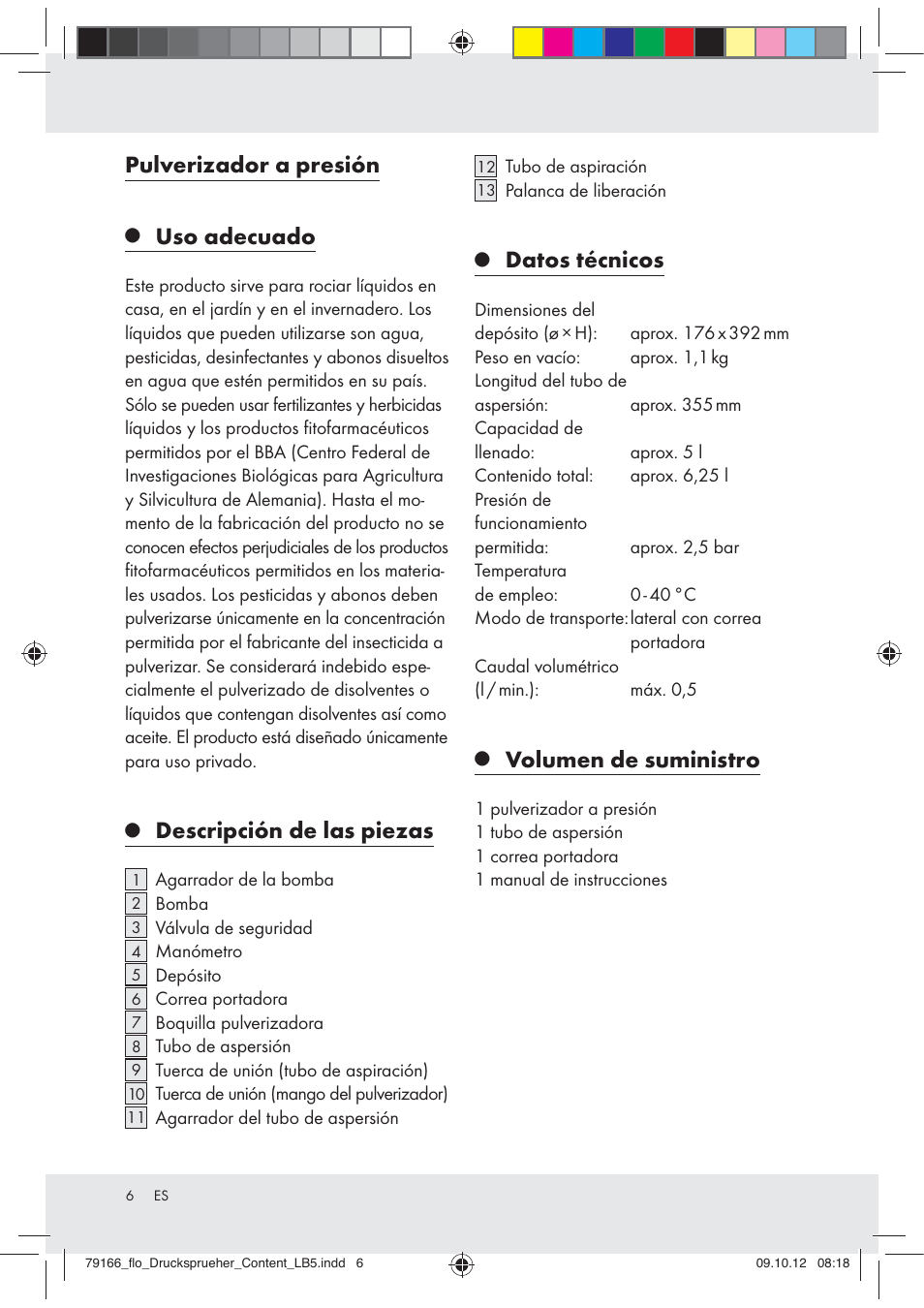 Pulverizador a presión, Uso adecuado, Descripción de las piezas | Datos técnicos, Volumen de suministro | Florabest Z31339 User Manual | Page 6 / 35