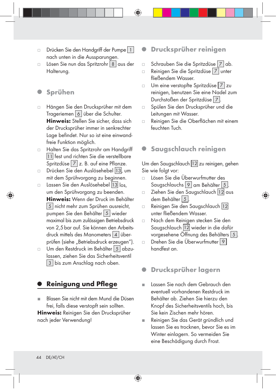 Sprühen, Reinigung und pﬂege, Drucksprüher reinigen | Saugschlauch reinigen, Drucksprüher lagern | Florabest Z31339 User Manual | Page 44 / 46