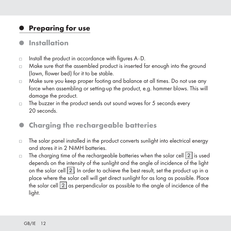 Preparing for use installation, Charging the rechargeable batteries | Florabest Z31049 User Manual | Page 12 / 64