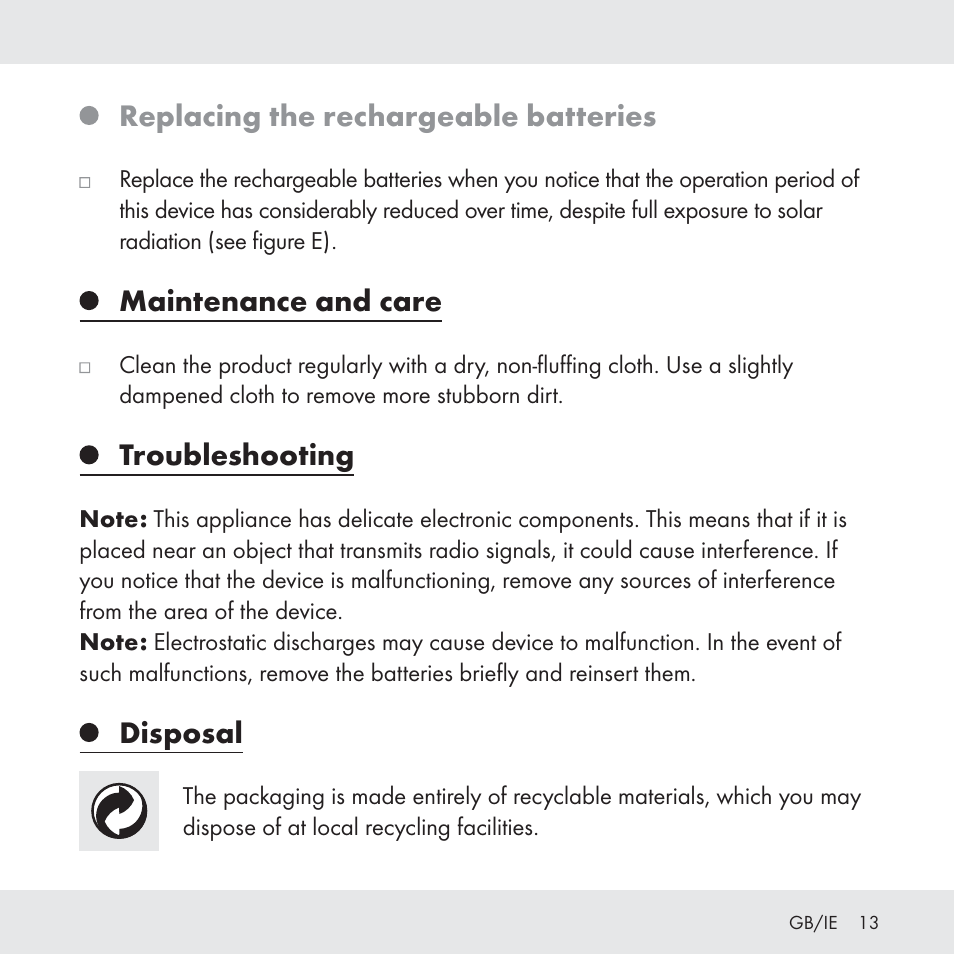 Replacing the rechargeable batteries, Maintenance and care, Troubleshooting | Disposal | Florabest Z31049 User Manual | Page 13 / 64
