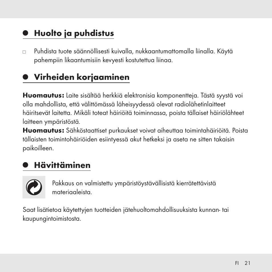 Huolto ja puhdistus, Virheiden korjaaminen, Hävittäminen | Florabest Z31049 User Manual | Page 21 / 64