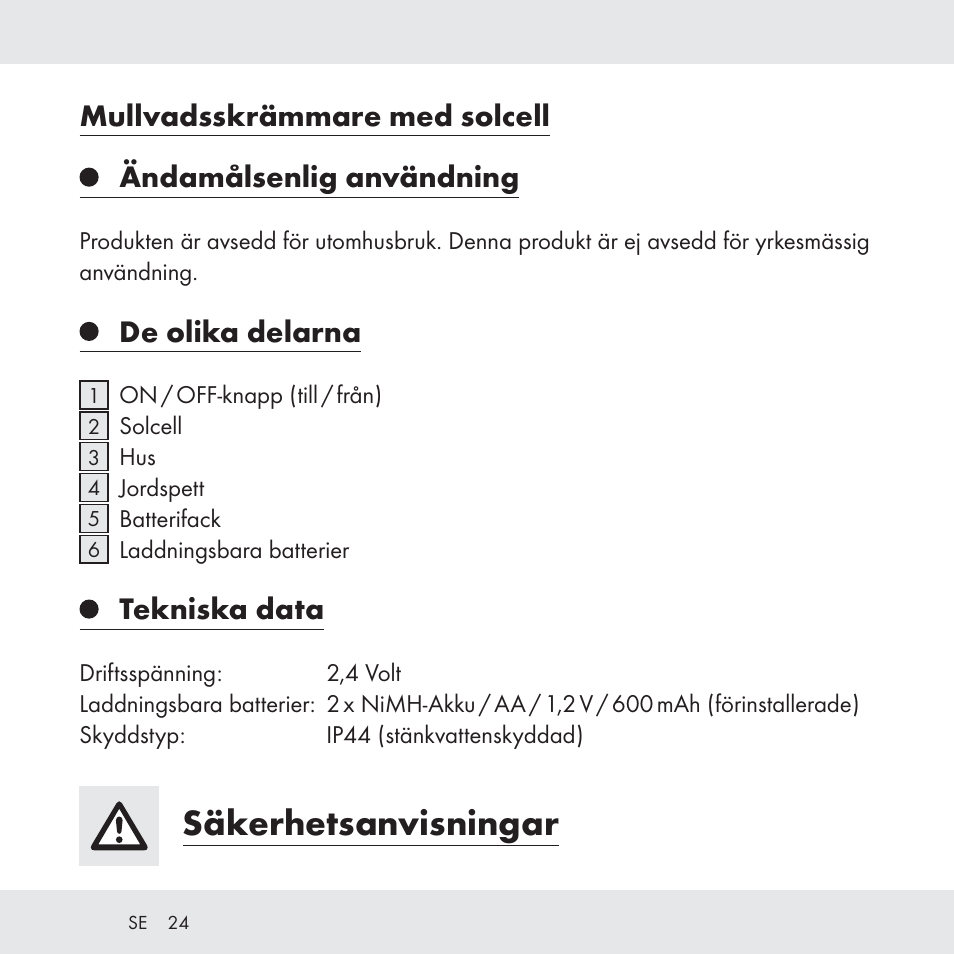 Säkerhetsanvisningar, De olika delarna, Tekniska data | Florabest Z31049 User Manual | Page 24 / 64