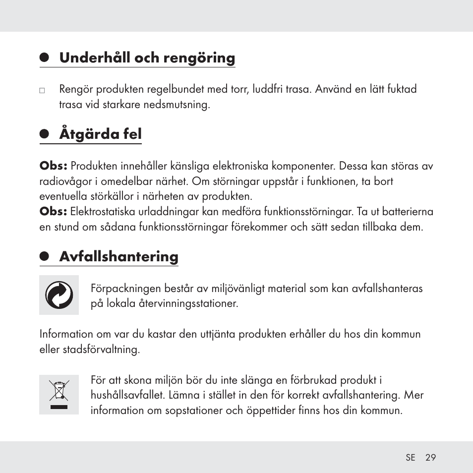Underhåll och rengöring, Åtgärda fel, Avfallshantering | Florabest Z31049 User Manual | Page 29 / 64