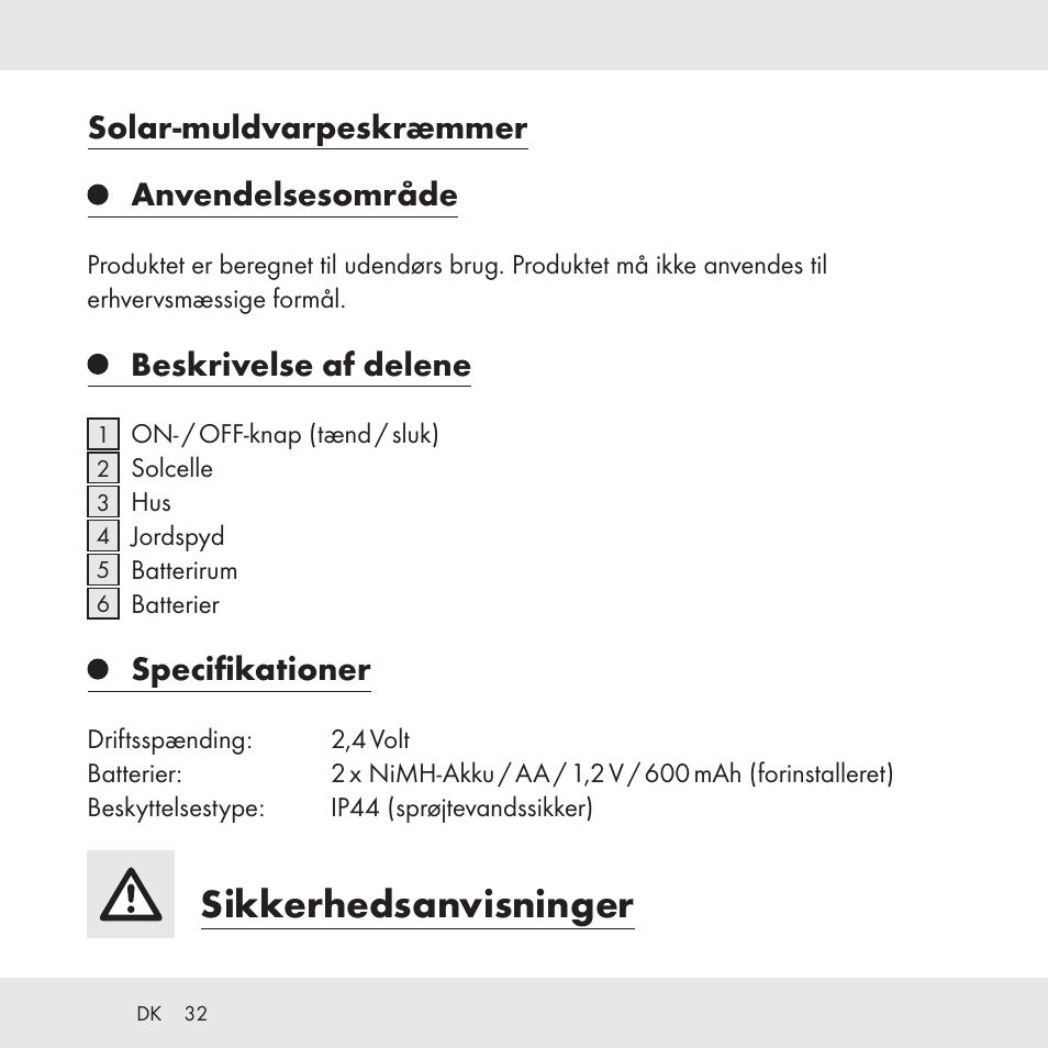 Sikkerhedsanvisninger, Solar-muldvarpeskræmmer anvendelsesområde, Beskrivelse af delene | Specifikationer | Florabest Z31049 User Manual | Page 32 / 64