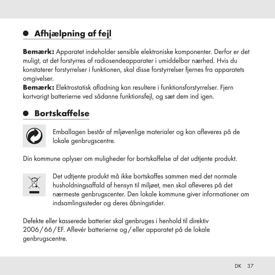 Afhjælpning af fejl, Bortskaffelse | Florabest Z31049 User Manual | Page 37 / 64