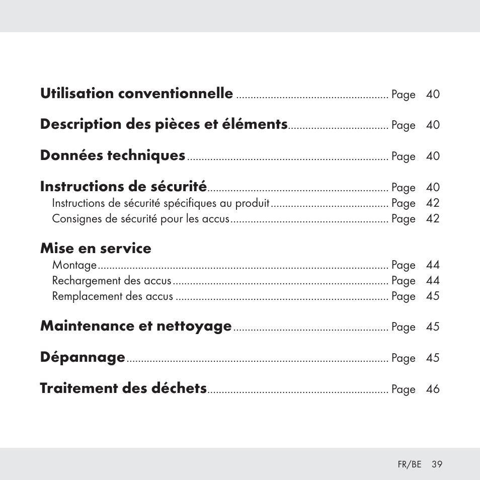 Utilisation conventionnelle, Description des pièces et éléments, Données techniques | Instructions de sécurité, Mise en service, Maintenance et nettoyage, Dépannage, Traitement des déchets | Florabest Z31049 User Manual | Page 39 / 64