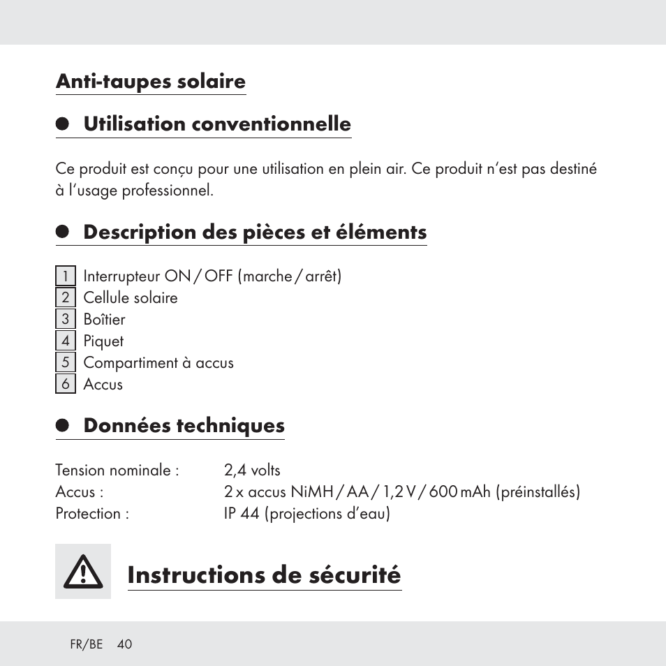 Instructions de sécurité, Anti-taupes solaire utilisation conventionnelle, Description des pièces et éléments | Données techniques | Florabest Z31049 User Manual | Page 40 / 64