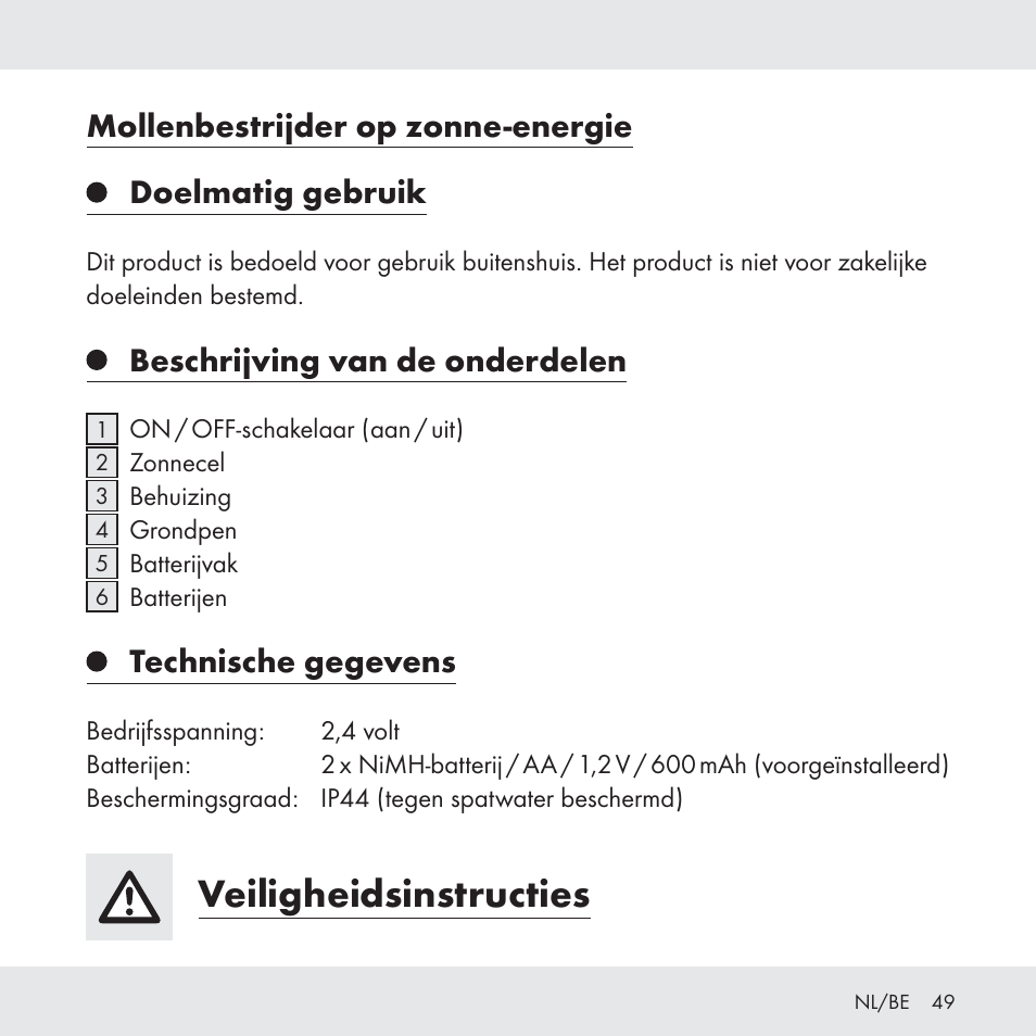 Veiligheidsinstructies, Beschrijving van de onderdelen, Technische gegevens | Florabest Z31049 User Manual | Page 49 / 64
