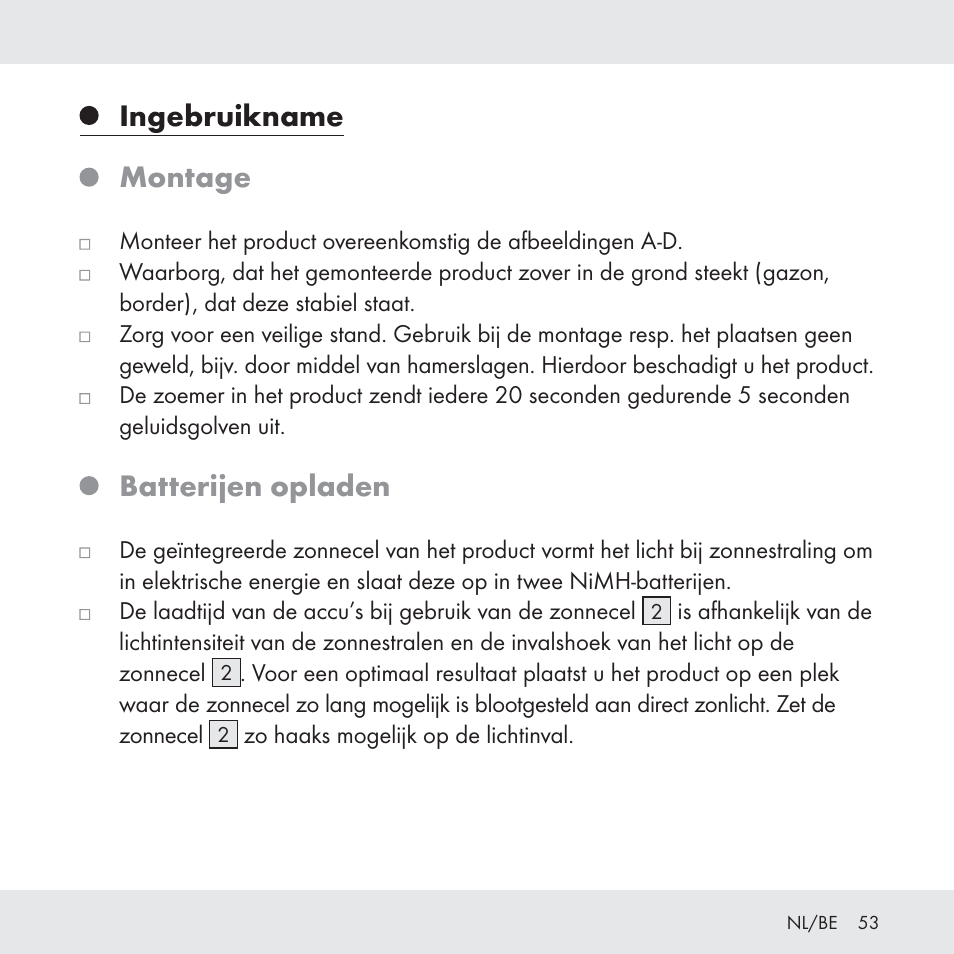 Ingebruikname montage, Batterijen opladen | Florabest Z31049 User Manual | Page 53 / 64