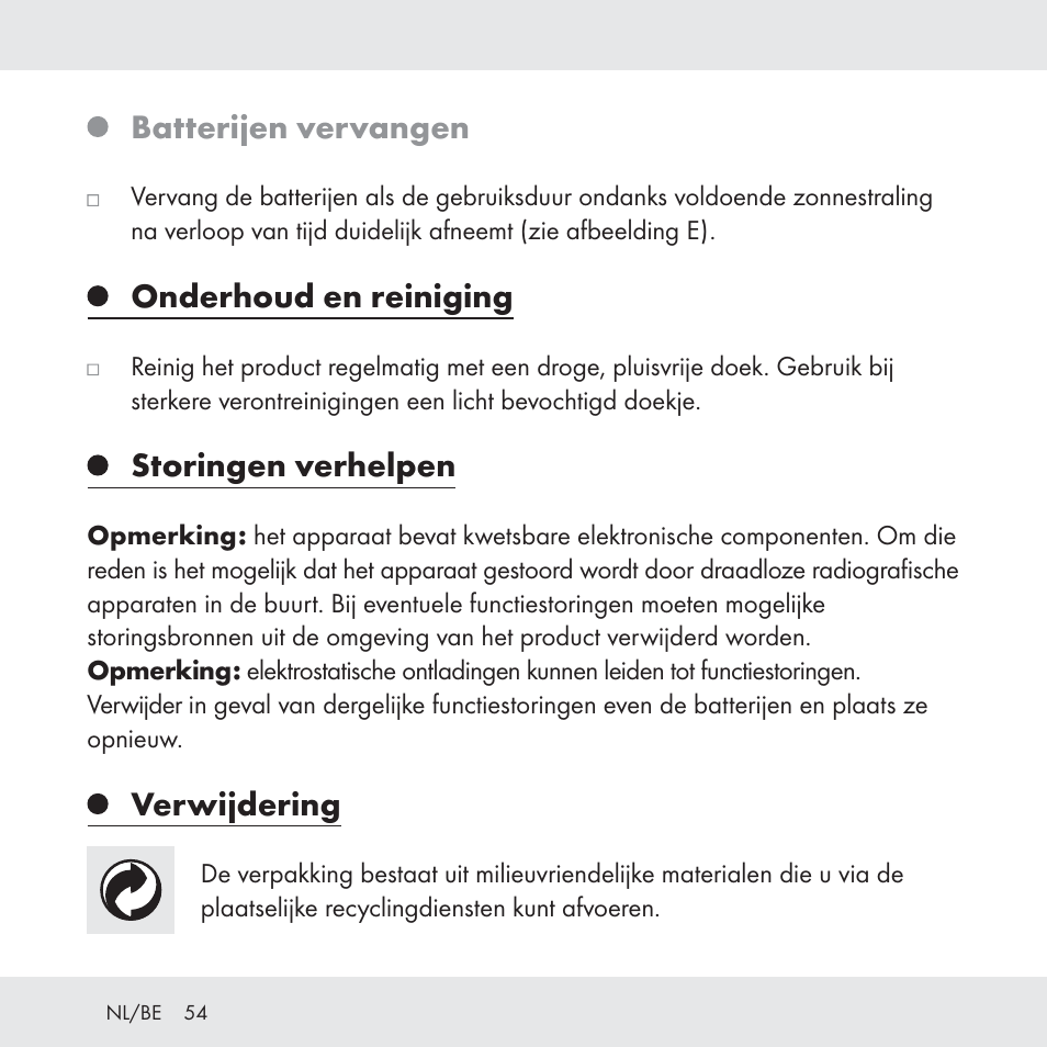 Batterijen vervangen, Onderhoud en reiniging, Storingen verhelpen | Verwijdering | Florabest Z31049 User Manual | Page 54 / 64