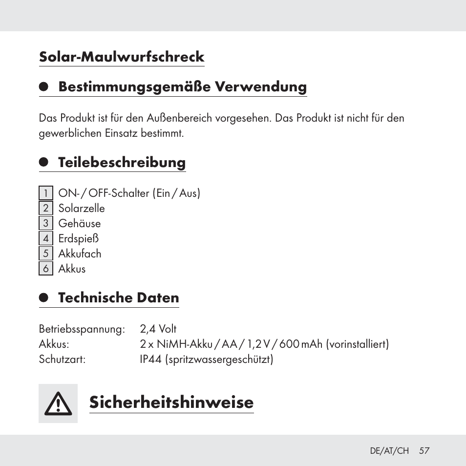 Sicherheitshinweise, Solar-maulwurfschreck bestimmungsgemäße verwendung, Teilebeschreibung | Technische daten | Florabest Z31049 User Manual | Page 57 / 64