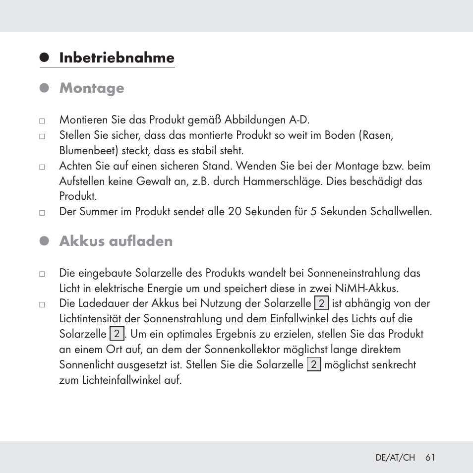 Inbetriebnahme montage, Akkus aufladen | Florabest Z31049 User Manual | Page 61 / 64