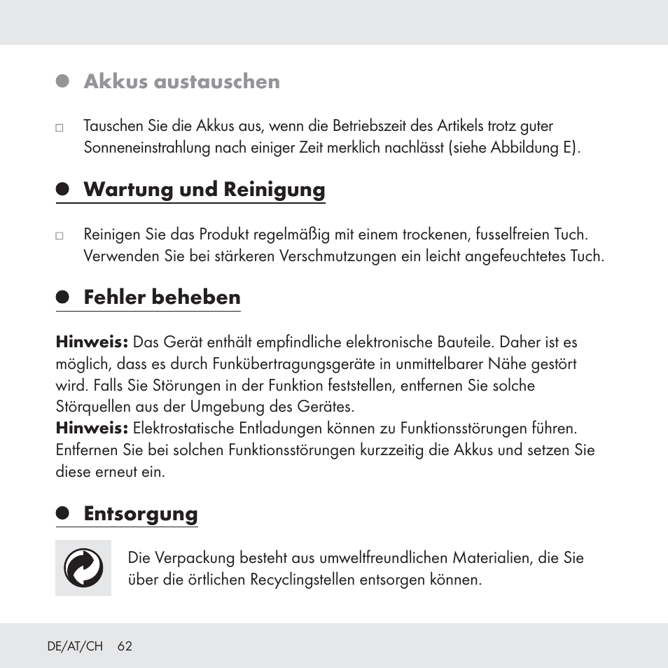 Akkus austauschen, Wartung und reinigung, Fehler beheben | Entsorgung | Florabest Z31049 User Manual | Page 62 / 64