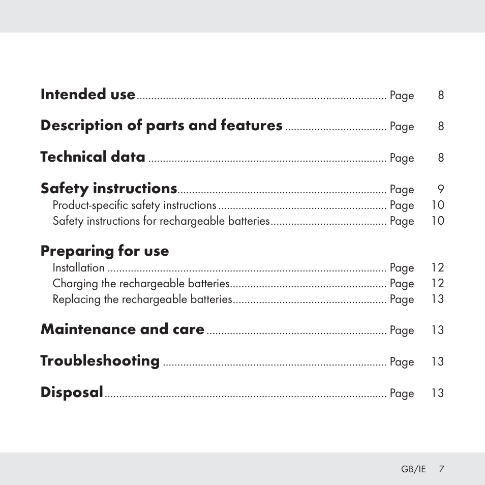 Intended use, Description of parts and features, Technical data | Safety instructions, Preparing for use, Maintenance and care, Troubleshooting, Disposal | Florabest Z31049 User Manual | Page 7 / 64