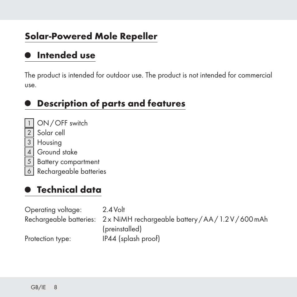 Solar-powered mole repeller intended use, Description of parts and features, Technical data | Florabest Z31049 User Manual | Page 8 / 64