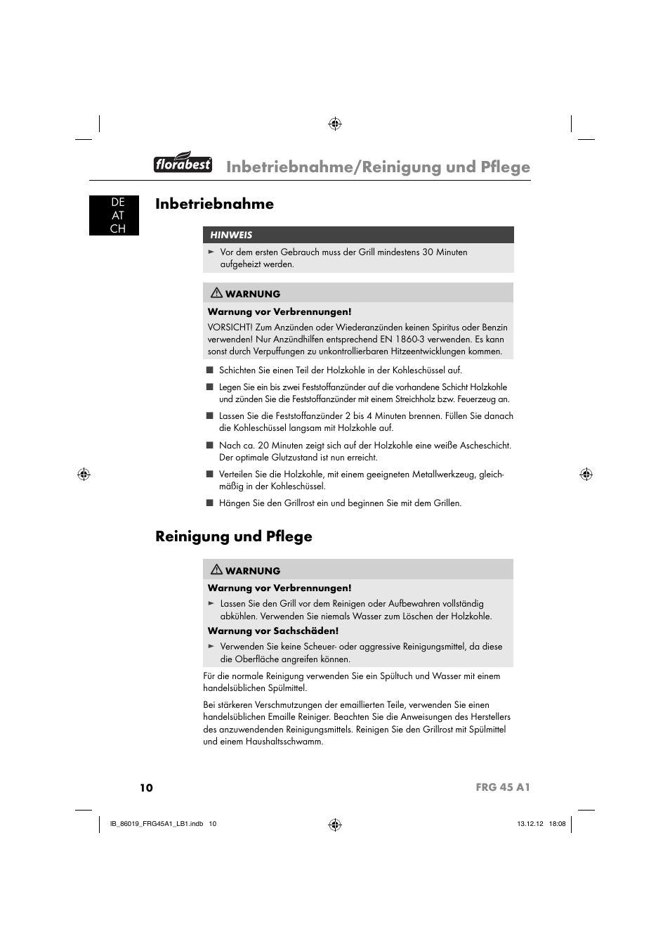 Inbetriebnahme/reinigung und pﬂ ege, Inbetriebnahme, Reinigung und pﬂ ege | De at ch | Florabest FRG 45 A1 User Manual | Page 13 / 52
