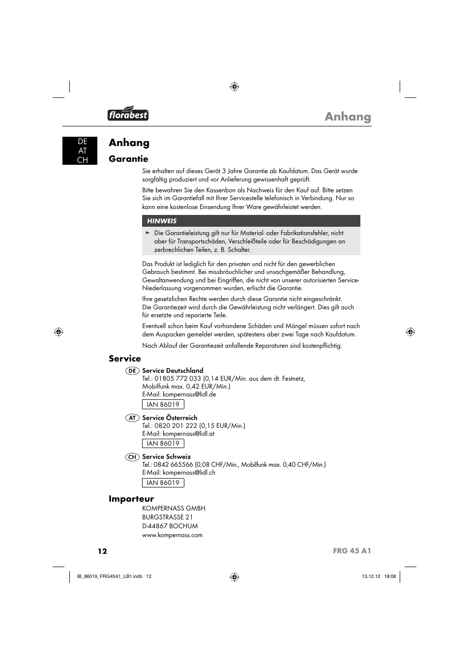 Anhang, Garantie, Service | Importeur, De at ch | Florabest FRG 45 A1 User Manual | Page 15 / 52