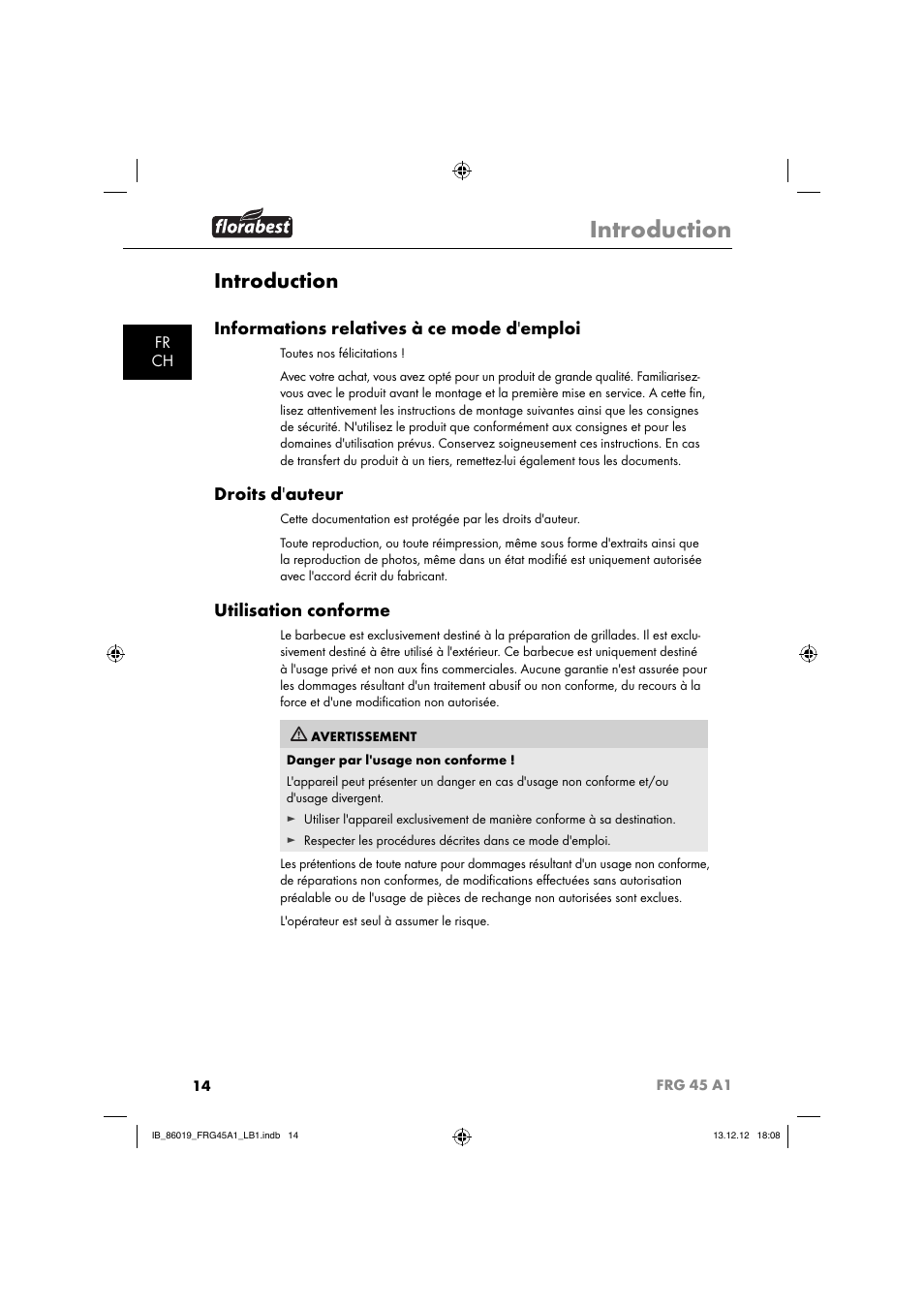 Introduction, Informations relatives à ce mode d'emploi, Droits d'auteur | Utilisation conforme, Fr ch | Florabest FRG 45 A1 User Manual | Page 17 / 52